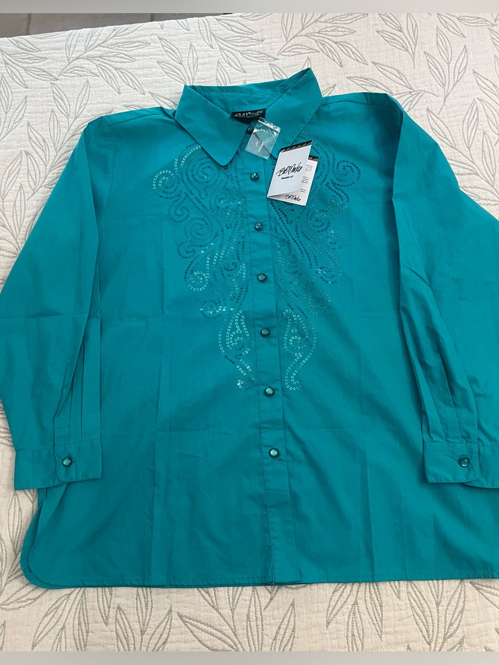NWT Bob Mackie Wearable Art Teal Sequin Button Front Shirt Blouse 1X
